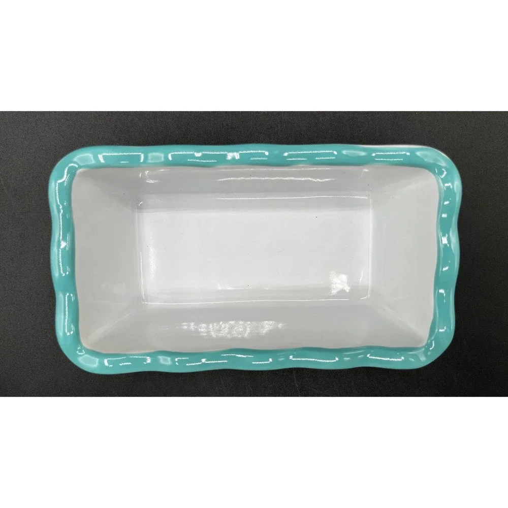 Peanuts Snoopy Woodstock Hoppy Easter Ceramic Loaf Pan Scalloped Teal Rim 6x3